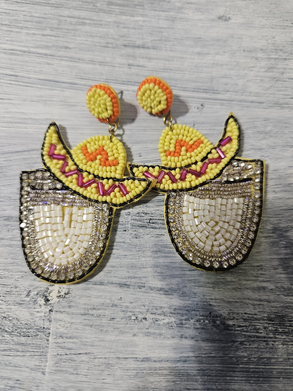 Source Unknown Yellow and Orange Beaded Statement Earrings with Pink Accents